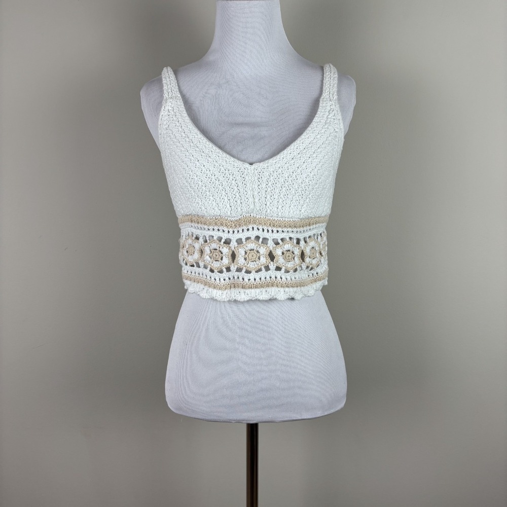Hollister Tank Top Womens XS White Crochet Cropped Floral V-Neck Festival Boho